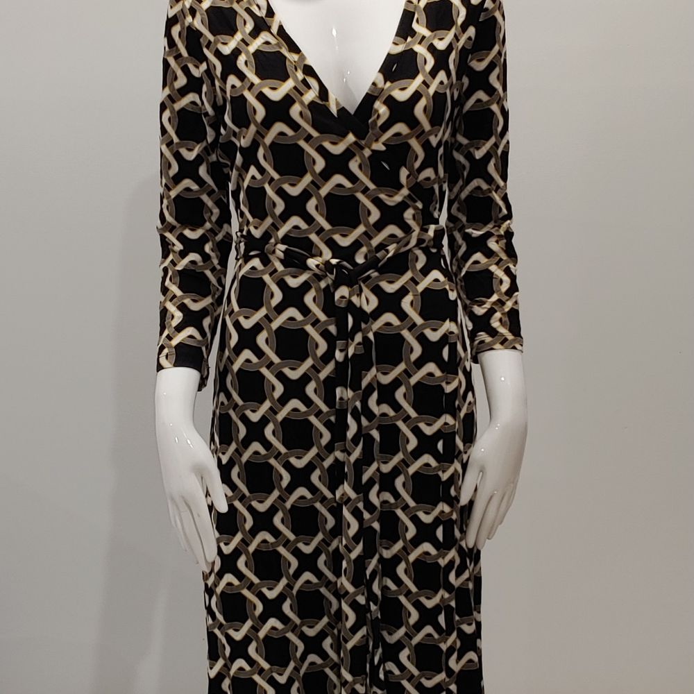 Banana Republic Black and Beige Geometric Midi Wrap Dress